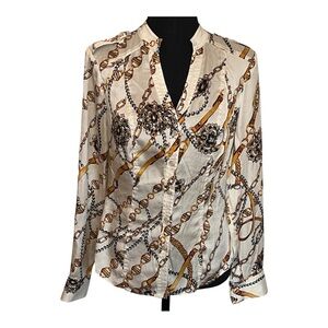Vintage Y2K Cache Silk Gold Chain Print Pearl Snap Button Down Top Blouse Sz S